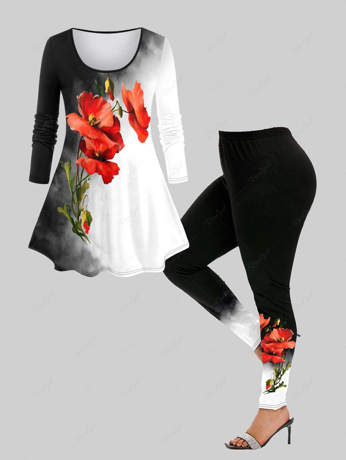T-shirt à Imprimé Fleur en Blocs de Couleurs et de Legging Moulant Grande Taille Rouge 
