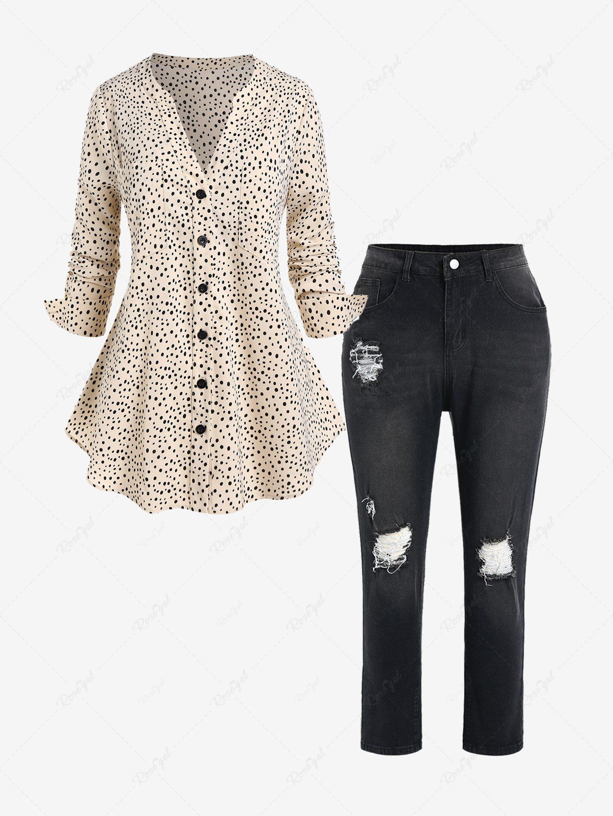 Store Plus Size Polka Dot Pocket V Notched Shirt and Ripped Pencil Jeans Outfit  