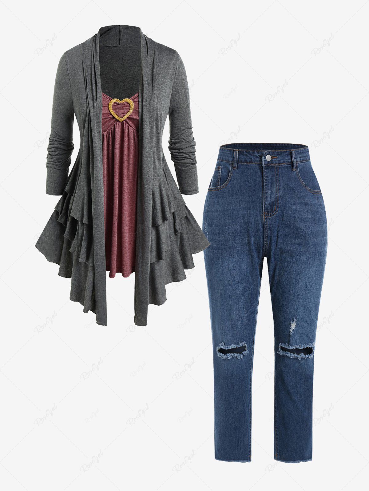 Outfits Plus Size Heart Ring Asymmetric Flounce 2 in 1 Tee and High Rise Jeans Outfit  