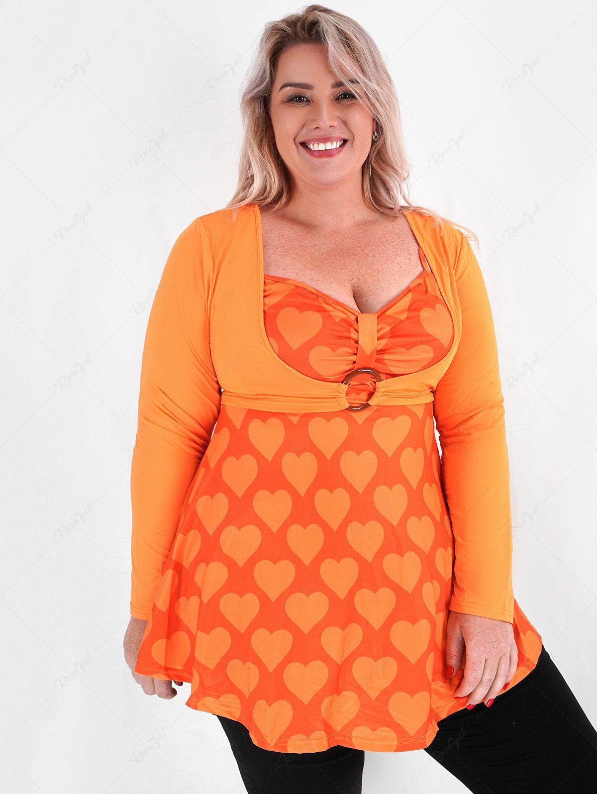 T-shirt à Imprimé Cœur Anneau en O de Grande Taille Fausse Deux Pièces Orange L | États-Unis 12