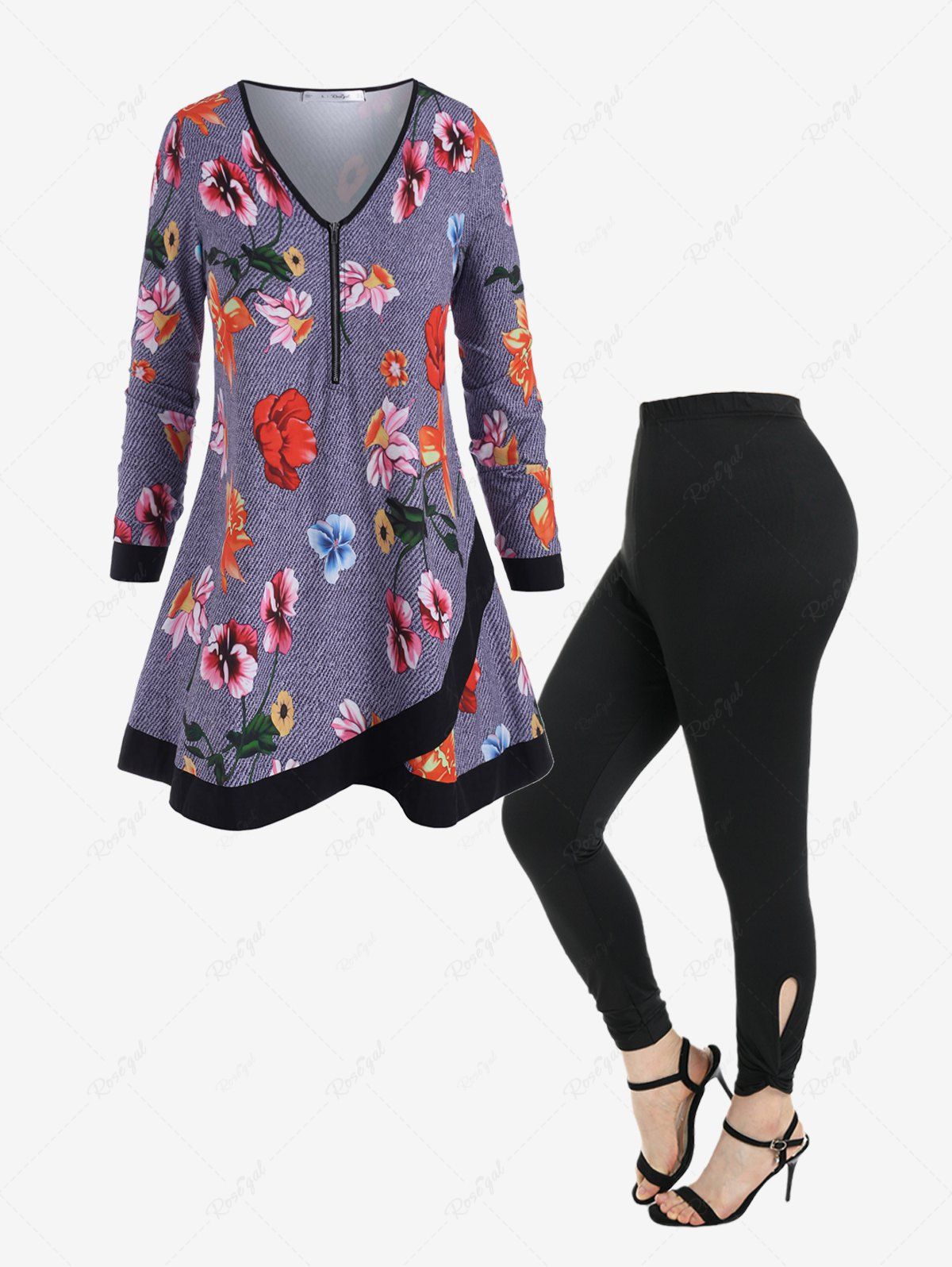 Online Floral Print Half Zip Blouse and Cutout Twist Leggings Plus Size Fall Outfit  