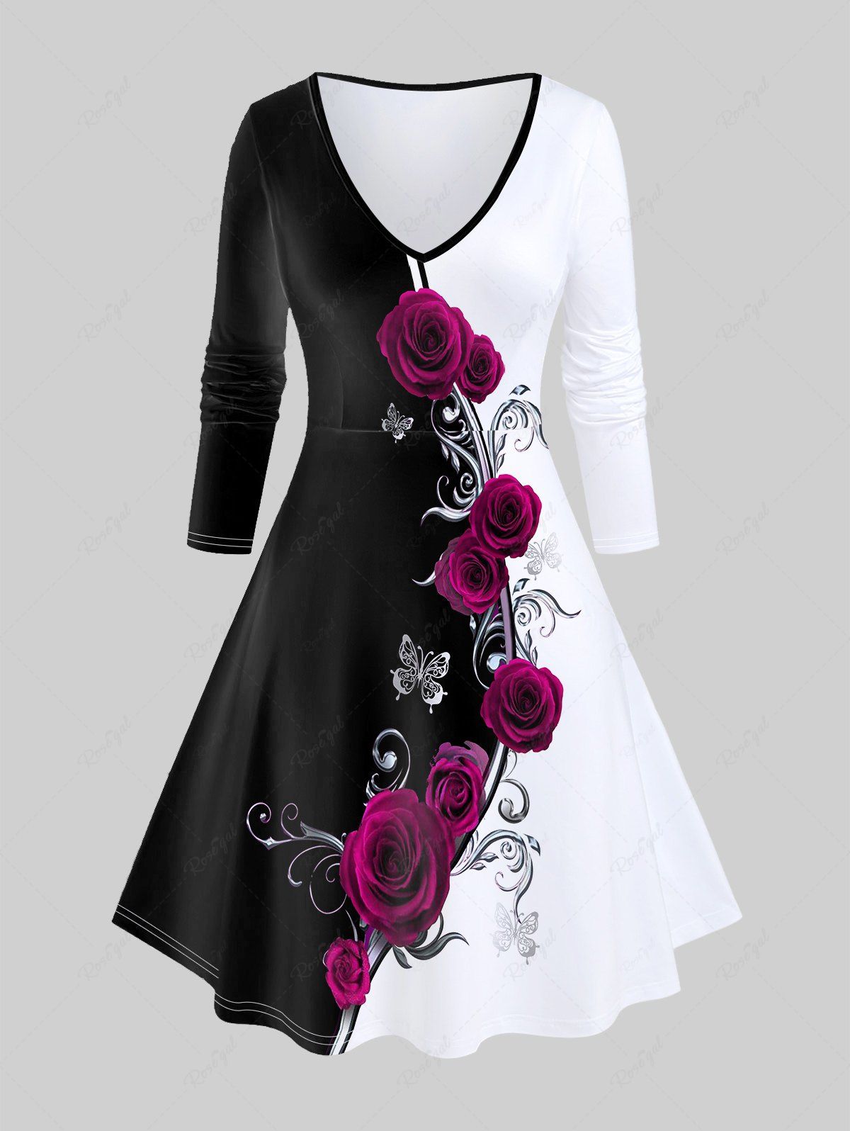 Fashion Plus Size Rose Butterfly Printed Long Sleeves Fit and Flare Dress  