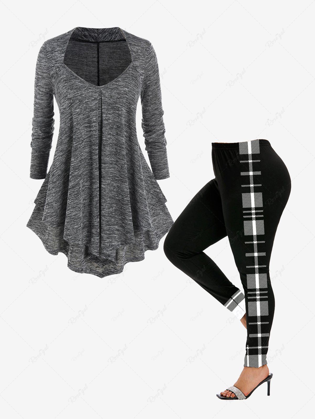 Affordable Plus Size Space Dye Layered Tee and Plaid Panel Leggings Outfits  