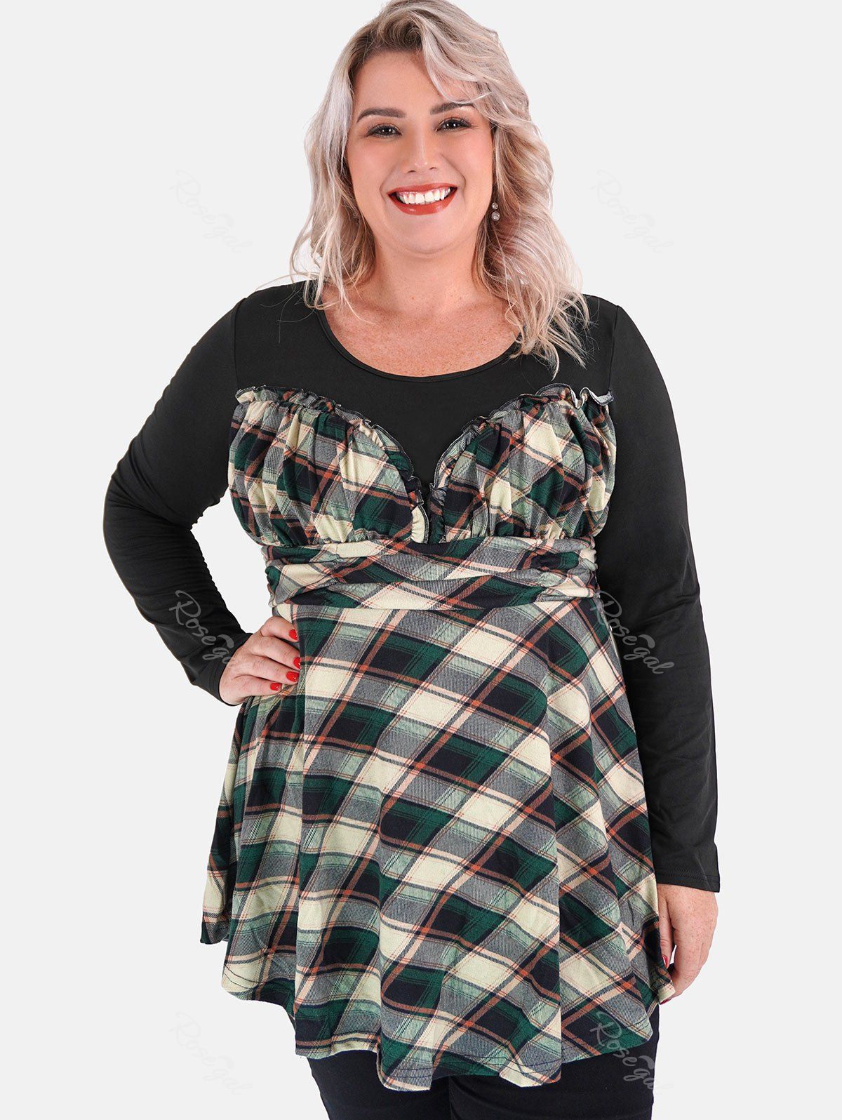 Fancy Plus Size Frilled Plaid Ruched Skirted Tunic Tee  