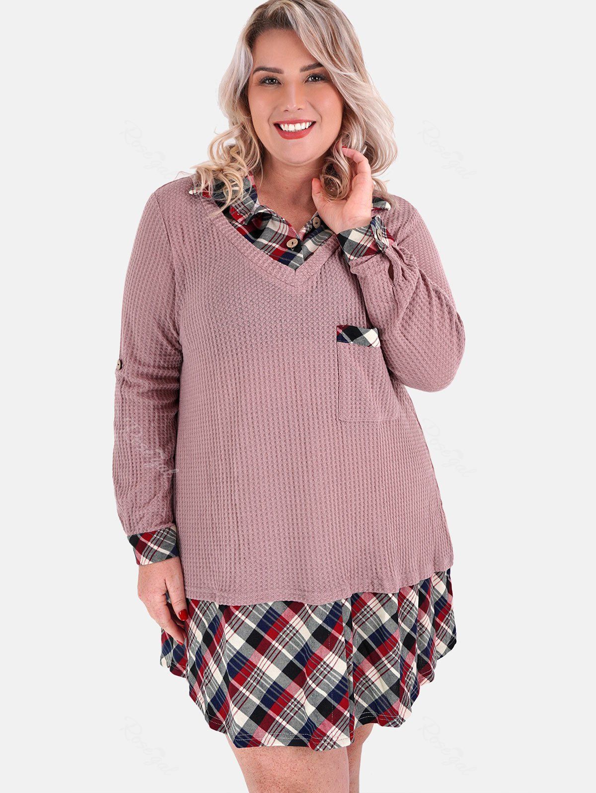 Outfit Plus Size Faux Two Pieces Plaid Panel Sweater  