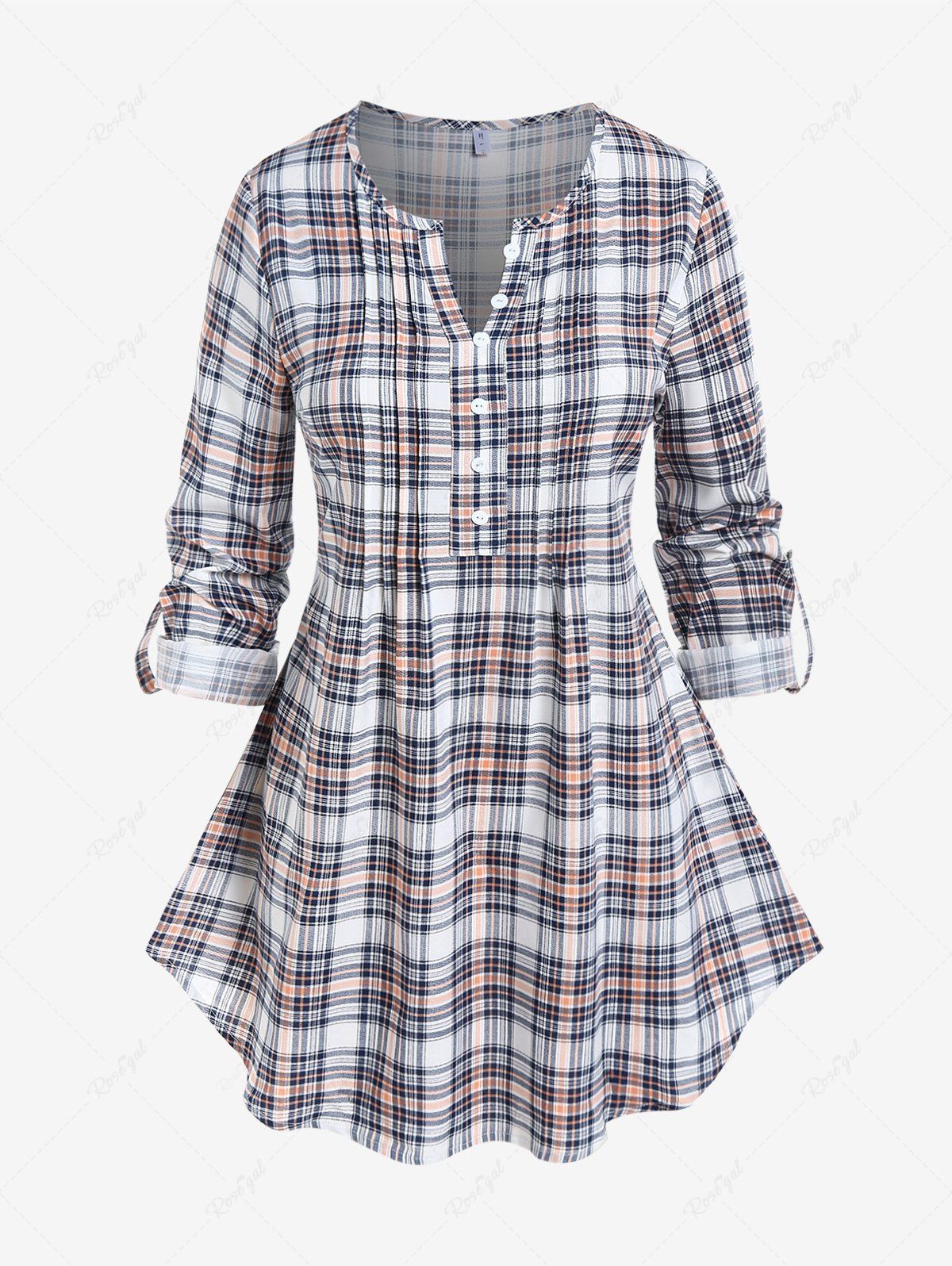 Outfits Plus Size V Neck Roll Tab Sleeve Plaid Blouse  
