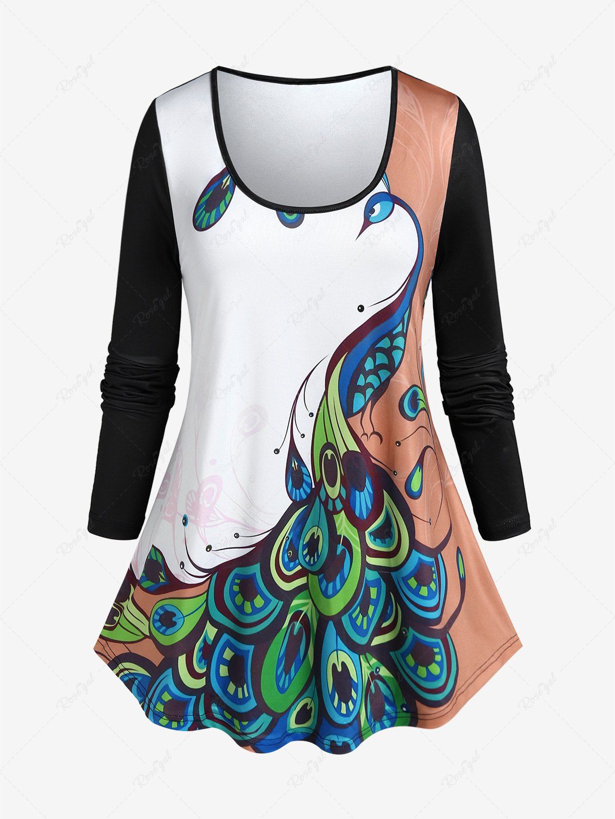 Discount Plus Size Peacock Printed Colorblock Tee  