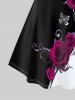 Robe Evasée à Imprimé Rose Papillon à Manches Longues de Grande Taille - Noir 1x | US 14-16