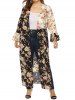 Plus Size Flower Print Flare Sleeve Open Front Slit Longline Top -  