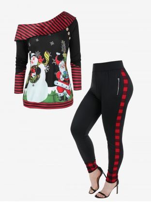 Christmas Skew Neck Snowman Santa Claus Sweatshirt and Wide Waistband Plaid Zipper Pants Plus Size Outerwear Outfit