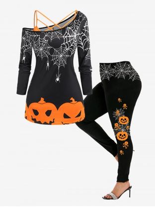 Halloween Pumpkins Spider Web Skew Neck Tee and Crisscross Tank Top Set and Leggings Outfit