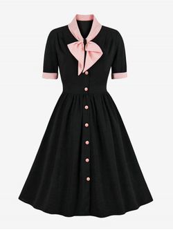 Plus Size Bow Tie Vintage 1950s Pin Up Dress - BLACK - XXL