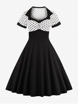 Plus Size Vintage Polka Dot 1950s Pin Up Dress - BLACK - XL