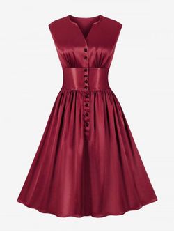 Robe Vintage d'Années 1950 à Taille Corset Demi Boutonné Grande Taille - DEEP RED - M