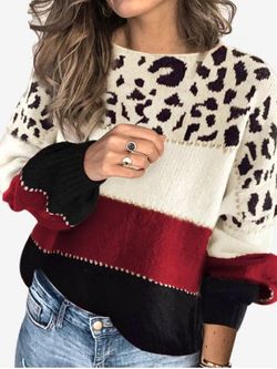 Plus Size Leopard Pattern Colorblock Sweater - RED - XL