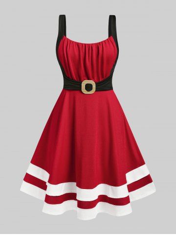 Plus Size Christmas Vintage Ruched Bust Colorblock Pin Up Dress - RED - L | US 12