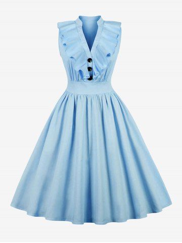 Plus Size Ruffled Vintage 1950s Pin Up Dress - LIGHT BLUE - XL