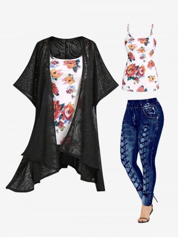Asymmetric Cardigan with Floral Camisole and 3D Print Leggings Plus Size Fall Outfit - WHITE