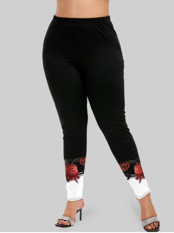 Plus Size Colorblock Rose Heart Print Leggings