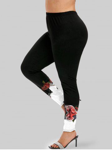 Plus Size Colorblock Rose Heart Print Leggings