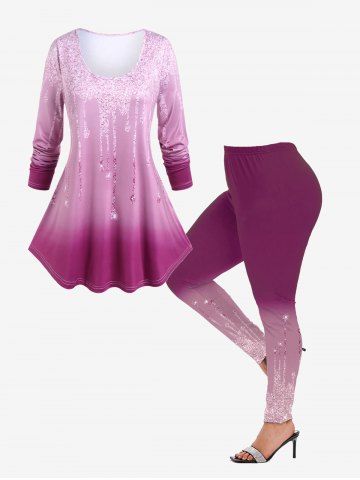 3D Sparkles Printed Long Sleeves Tee and Ombre Leggings Plus Size Outfit - LIGHT PINK