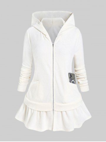 Plus Size Flounce Hooded Fleece Jacket - WHITE - M | US 10