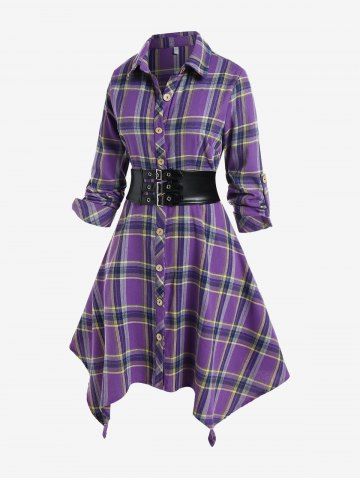 Plus Size Roll Up Sleeve Plaid Handkerchief Midi Dress with Corset Belt - PURPLE - 2X | US 18-20