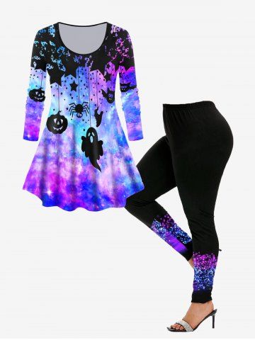 Halloween Galaxy Pumpkin Ghost Print Tee and Glitter Light Leggings Outfit - BLACK