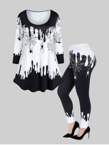 Halloween Paint Drop Blobs Spider Web Printed Tee and  Paint Drop Blobs Spider Web Leggings Outfit - BLACK