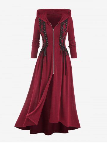 Plus Size Hooded Lace Up Front Zipper High Low Maxi Coat - DEEP RED - 3X | US 22-24