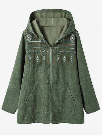 Plus Size Hooded Ribbed Geometry Print Jacket - GREEN - XL