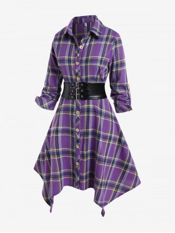 Vestido Midi de Pañuelo a Cuadros de Manga Rollo con Cinturón - PURPLE - L | US 12