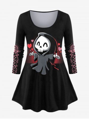 Halloween Long Sleeve Skull Ghost Print T-shirt - BLACK - 1X | US 14-16