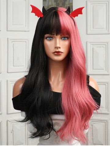 Black and Pink Two Tone Color Full Bangs Long Natural Wavy Halloween Synthetic Wig (Excluding Accessories) - NIGHT - 26INCH