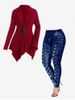 Buckled Handkerchief Cardigan and High Waisted 3D Printed Leggings Plus Size Outfit -  