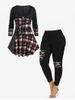 Plaid Grommets T-shirt and 3D Ripped Plaid Printed Leggings Plus Size Outfit -  