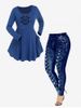 Crisscross Detail Cutout Knit Rhinestone Heart Decor Top and High Waisted 3D Printed Leggings Plus Size Outfit -  