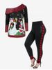 Christmas Skew Neck Snowman Santa Claus Sweatshirt and Wide Waistband Plaid Zipper Pants Plus Size Outerwear Outfit -  