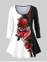 Plus Size Colorblock Heart Rose Print Tee -  