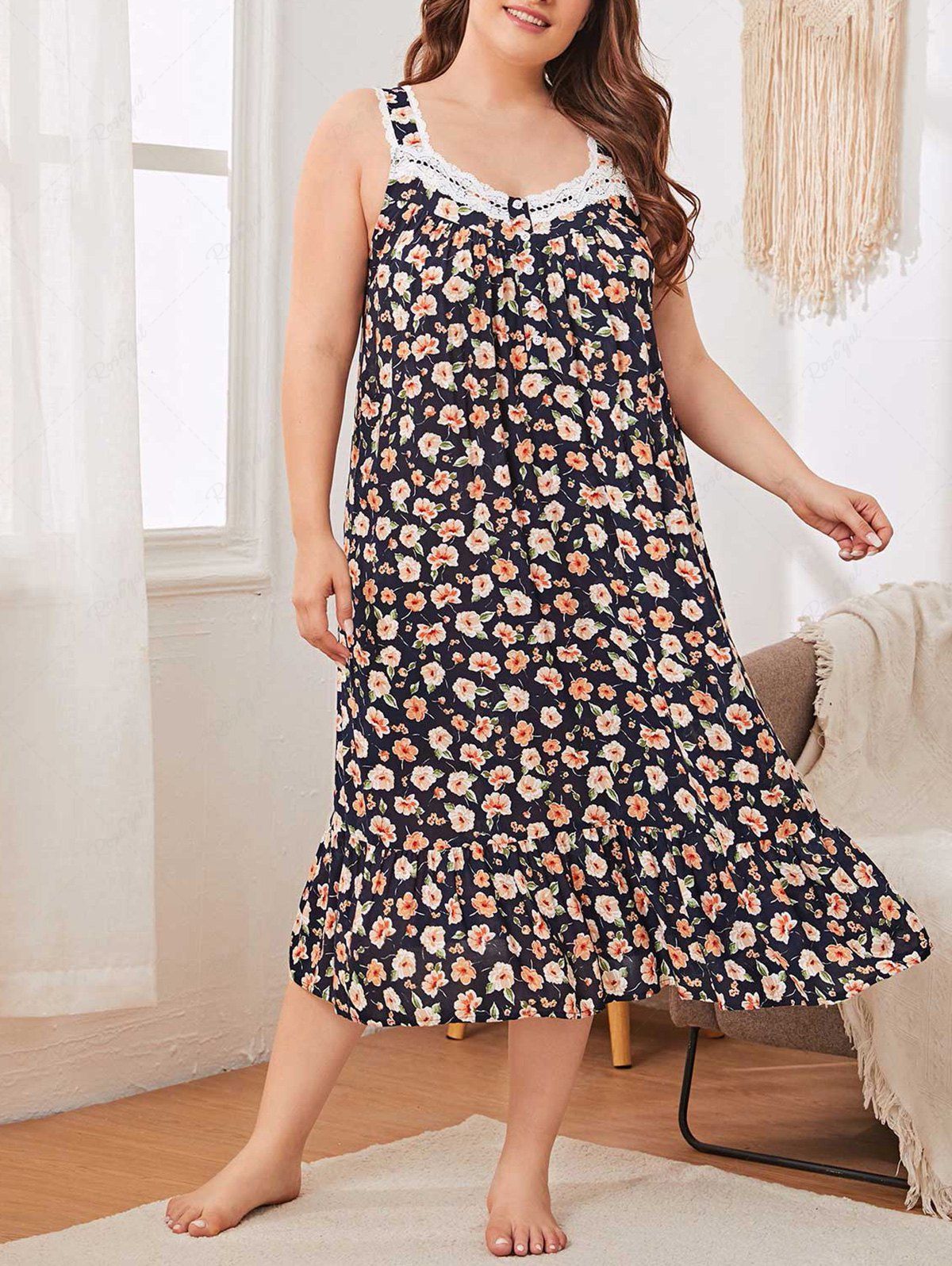 Trendy Plus Size Floral Printed Lace Trim Flounce Midi Sleep Dress  