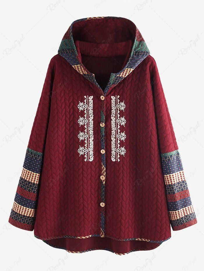 Unique Plus Size Geometry Print High Low Hooded Embossed Coat  