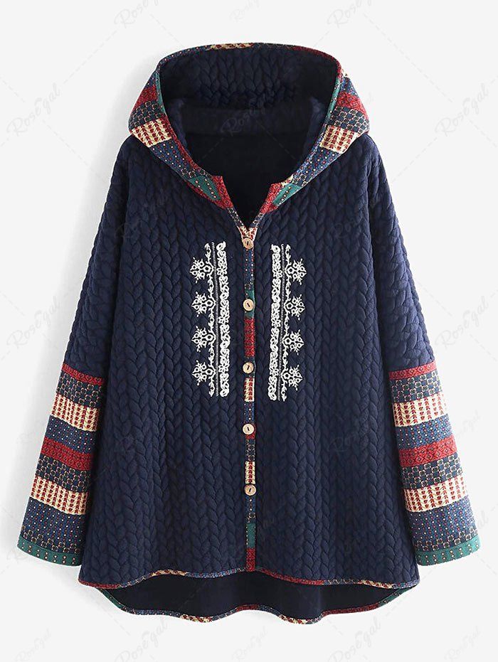 New Plus Size Geometry Print High Low Hooded Embossed Coat  
