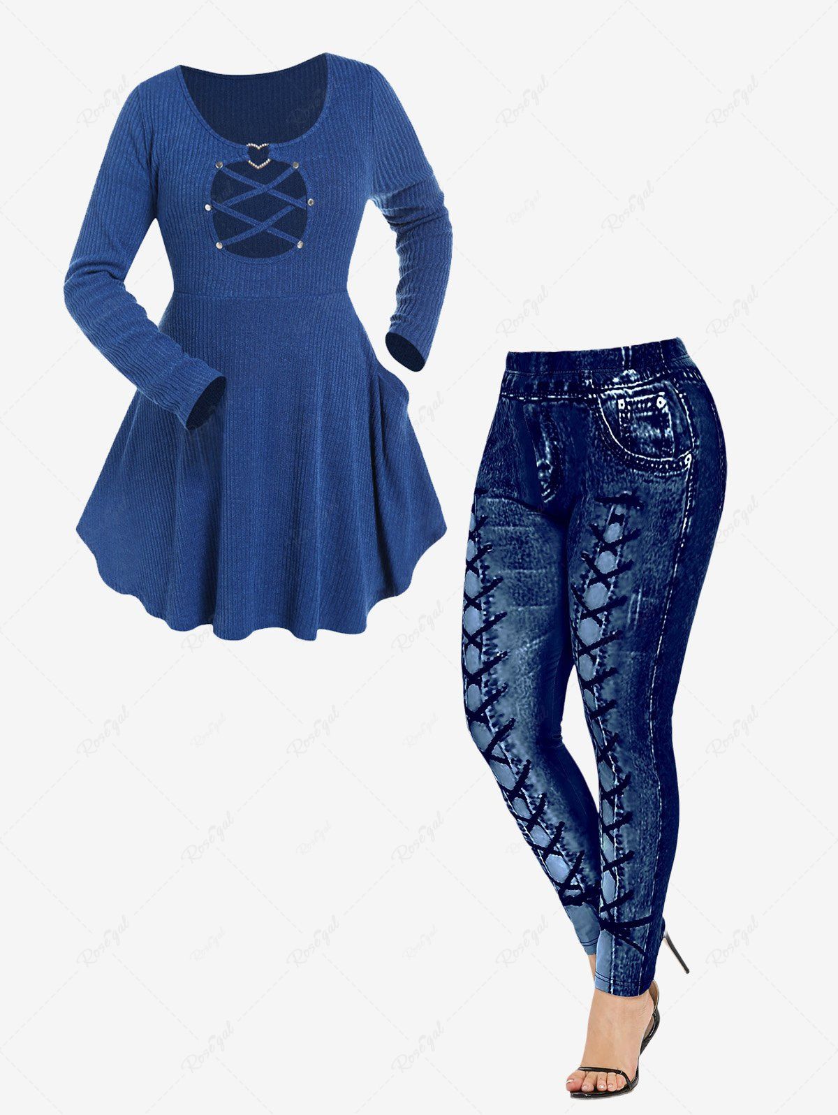 Shops Crisscross Detail Cutout Knit Rhinestone Heart Decor Top and High Waisted 3D Printed Leggings Plus Size Outfit  