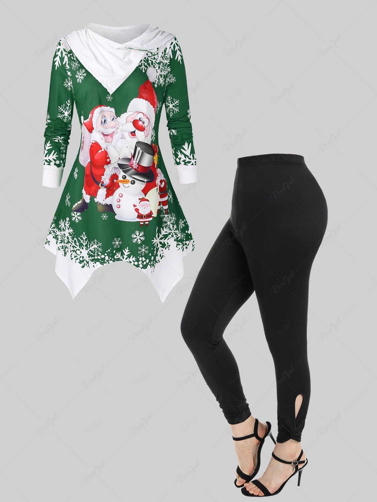 Outfit Christmas Handkerchief Printed Hoodie and High Rise Cutout Twist Leggings Plus Size Outerwear Outfit  