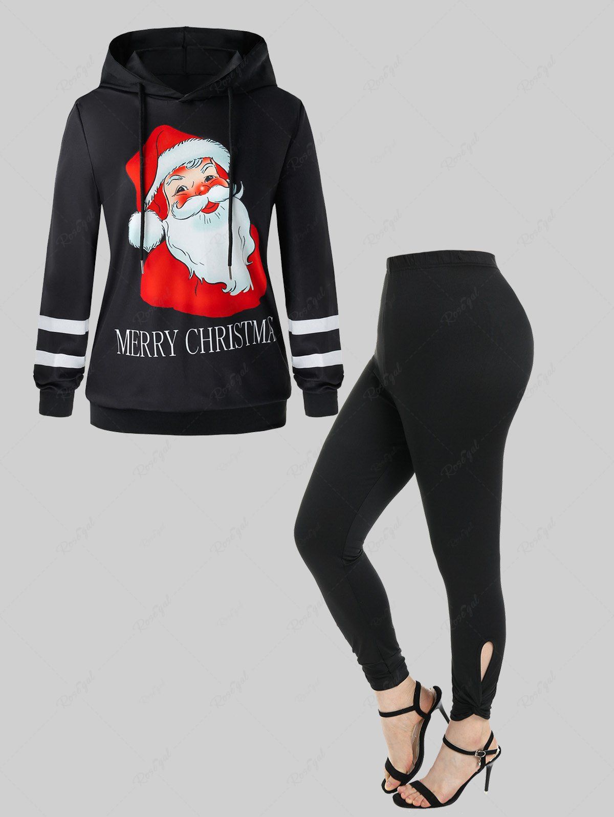 Chic Christmas Santa Print Hoodie and High Rise Cutout Twist Leggings Plus Size Outerwear Outfit  