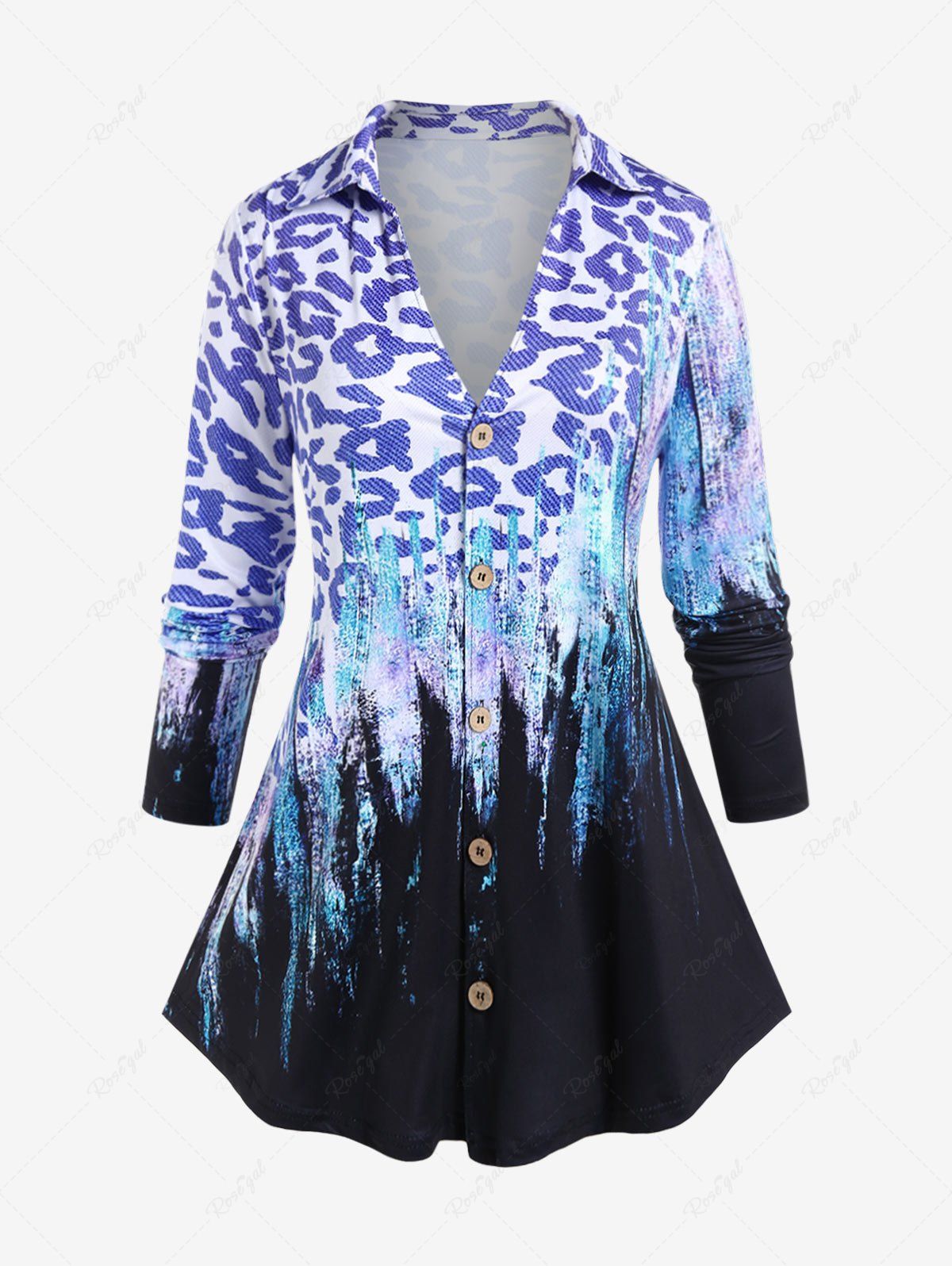Shop Plus Size Leopard Abstract Print Button Up Shirt  