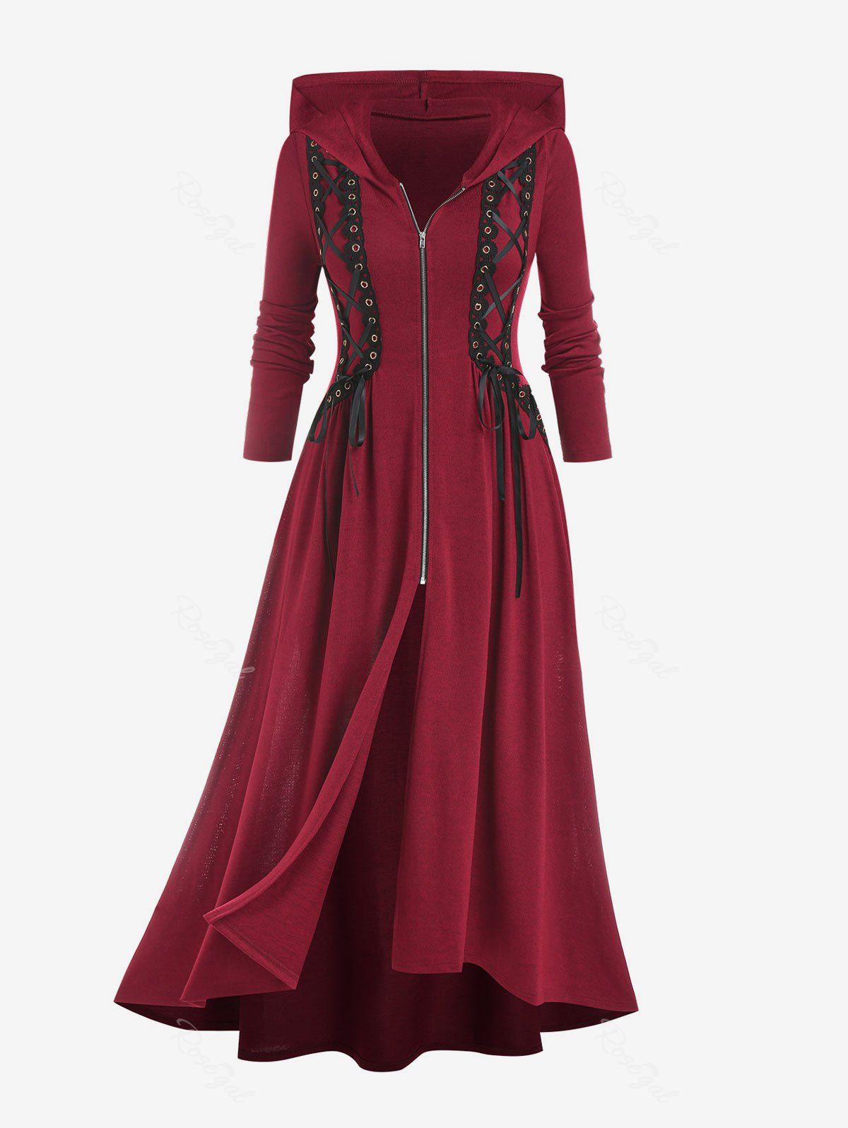 Shops Plus Size Hooded Lace Up Front Zipper High Low Maxi Coat  