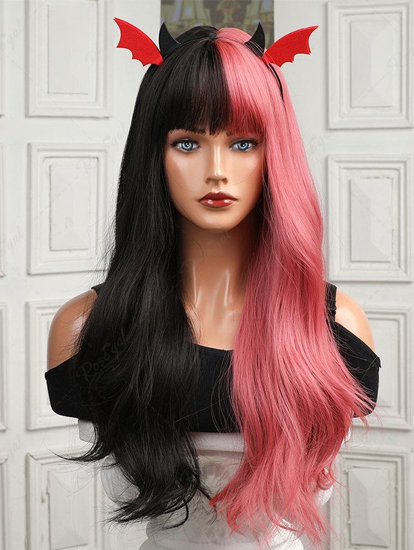 Trendy Black and Pink Two Tone Color Full Bangs Long Natural Wavy Halloween Synthetic Wig (Excluding Accessories)  