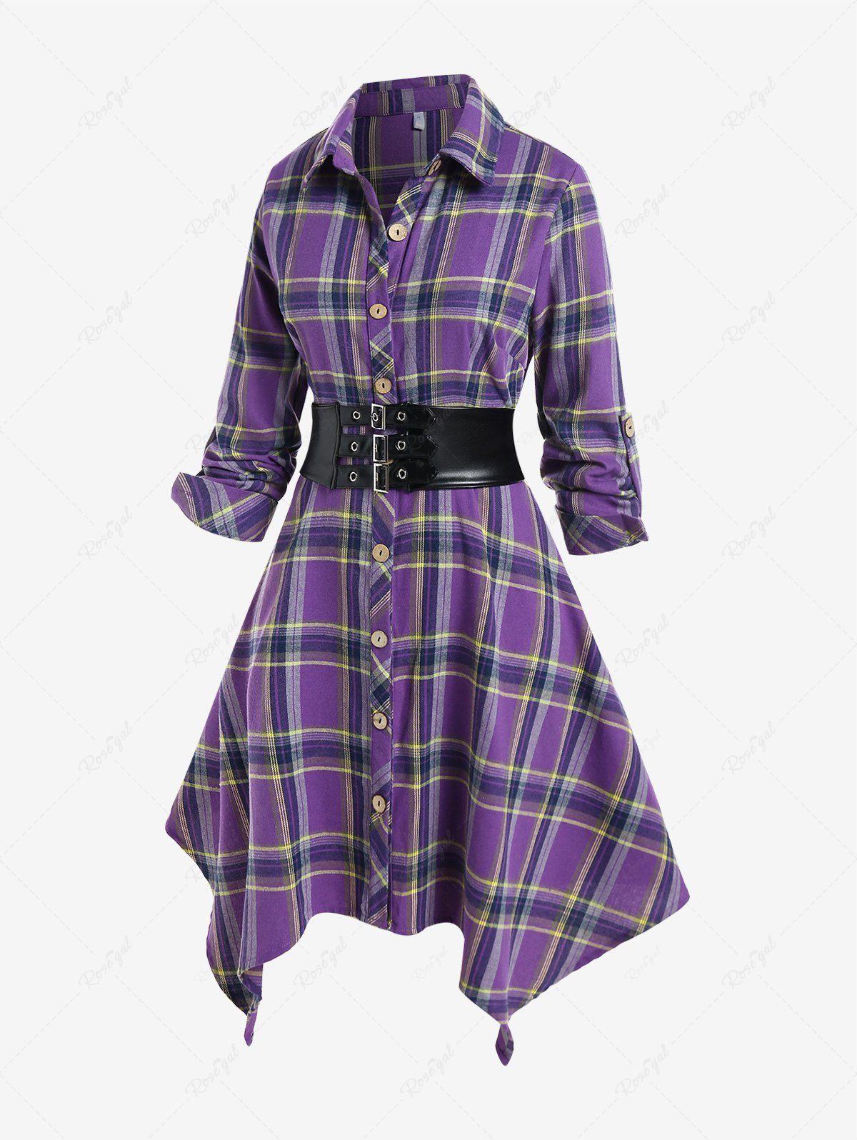 Sale Plus Size Roll Up Sleeve Plaid Handkerchief Midi Dress with Corset Belt  