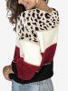 Plus Size Leopard Pattern Colorblock Sweater -  